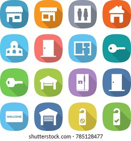 flat vector icon set - shop vector, wc, home, mansion, door, plan, key, garage, fridge, welcome mat, do not distrub, please clean
