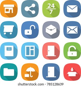 flat vector icon set - shop vector, share, 24 7, mail, delivery, unlock, box, copybook, window, door, documents, insurance, package