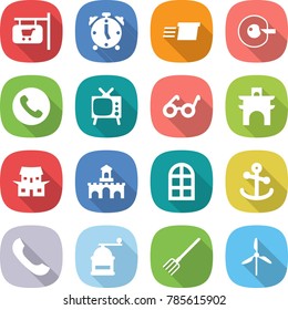 flat vector icon set - shop signboard vector, alarm clock, delivery, cell corection, phone, tv, pacemaker, arch, japanese house, fort, window, anchor, hand mill, fork, windmill