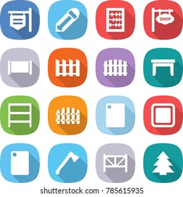 flat vector icon set - shop signboard vector, pencil, abacus, fence, table, rack, cutting board, axe, farm, spruce
