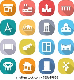 flat vector icon set - shop vector, store, castle, bridge, draw compass, project, building, mansion, fence, houses, window, gothic architecture, antique column, home, door, windmill