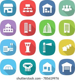 flat vector icon set - shop vector, hierarchy, warehouse, group, cottage, skyscrapers, skyscraper, mall, airport tower, lighthouse, houses, hangare, antique column, home, garage