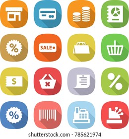 flat vector icon set - shop vector, card, coin stack, annual report, percent, sale, shopping bag, basket, receipt, delete cart, list, bar code, cashbox