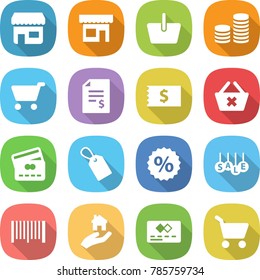 flat vector icon set - shop vector, basket, coin stack, cart, account balance, receipt, delete, credit card, label, percent, sale, bar code, real estate