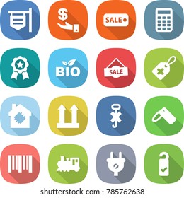 flat vector icon set - shop signboard vector, investment, sale, calculator, medal, bio, medical label, smart house, cargo top sign, do not hook, bar code, train, plug, please clean