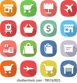 flat vector icon set - shop vector, cart, billboard, plane, presentation, basket, dollar coin, store, shopping bag, atm receipt, garage
