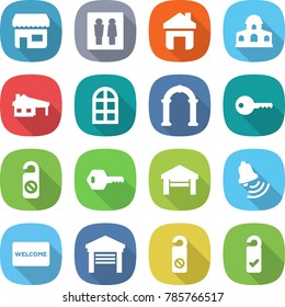 flat vector icon set - shop vector, wc, home, mansion, house with garage, arch window, key, do not distrub, bell, welcome mat, please clean