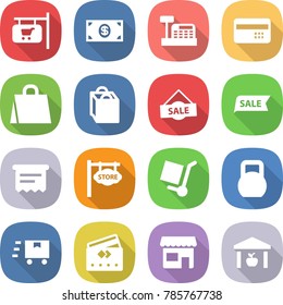 flat vector icon set - shop signboard vector, money, cashbox, credit card, shopping bag, sale, atm receipt, store, cargo stoller, heavy, fast deliver, warehouse