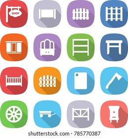 flat vector icon set - shop signboard vector, fence, pallet, wardrobe, dresser, rack, stool, crib, cutting board, axe, wheel, trailer, farm, hive