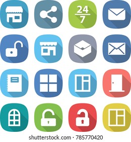 flat vector icon set - shop vector, share, 24 7, mail, unlock, box, copybook, window, door, arch, unlocked