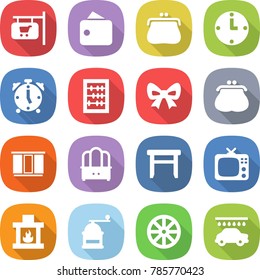 flat vector icon set - shop signboard vector, wallet, purse, clock, alarm, abacus, bow, wardrobe, dresser, stool, tv, fireplace, hand mill, wheel, car wash