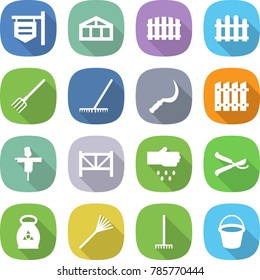 flat vector icon set - shop signboard vector, greenhouse, fence, fork, rake, sickle, scarecrow, farm, sow, pruner, fertilizer, bucket