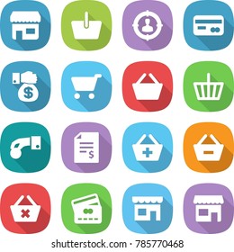flat vector icon set - shop vector, basket, target audience, card, money gift, cart, hand coin, account balance, add to, remove from, delete, credit