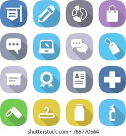 flat vector icon set - shop signboard vector, pencil, circle diagram, shopping bag, message, notebook, discussion, label, atm receipt, medal, anamnesis, cross, hanger, bank, toilet cleanser