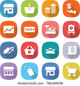 flat vector icon set - shop vector, basket, coin stack, investment, statistics, sale, cashbox, presentation, up down arrow, delete cart, scales, shopping list, market, label
