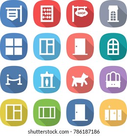 flat vector icon set - shop signboard vector, abacus, building, window, door, arch, vip fence, detector, dog, dresser, clean