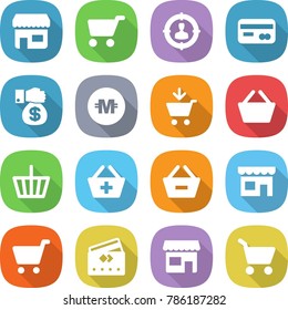 flat vector icon set - shop vector, cart, target audience, card, money gift, crypto currency, add to, basket, remove from, credit