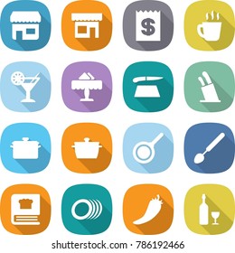 flat vector icon set - shop vector, receipt, hot drink, cocktail, restaurant, cutting board, stands for knives, pan, big spoon, cooking book, plates, pepper, wine