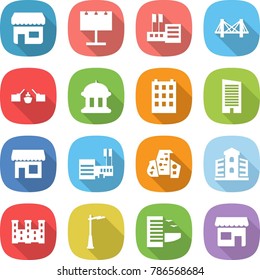 flat vector icon set - shop vector, billboard, store, bridge, drawbridge, goverment house, building, skyscraper, mall, modern architecture, palace, outdoor light, hotel