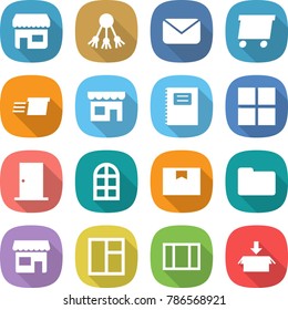 Flat Vector Icon Set - Shop Vector, Share, Mail, Delivery, Copybook, Window, Door, Arch, Package Box, Documents