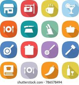 flat vector icon set - shop vector, signboard, hot drink, cocktail, cafe, cutting board, stands for knives, pan, skimmer, meat hammer, cooking book, fork spoon plate, pepper, wine