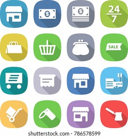 flat vector icon set - shop vector, money, 24 7, shopping bag, basket, purse, sale, delivery, atm receipt, mall, trolley, label, turk
