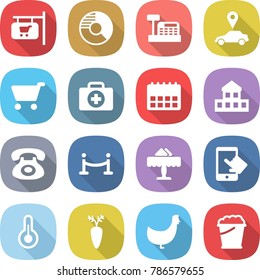 flat vector icon set - shop signboard vector, circle diagram, cashbox, car pointer, cart, doctor case, calendar, cottage, phone, vip fence, restaurant, touchscreen, thermometer, carrot, chicken
