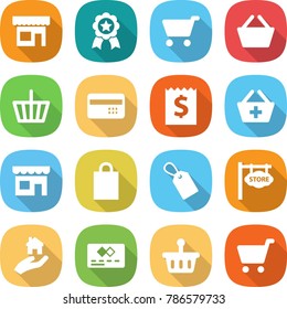 flat vector icon set - shop vector, medal, cart, basket, credit card, receipt, add to, shopping bag, label, store signboard, real estate