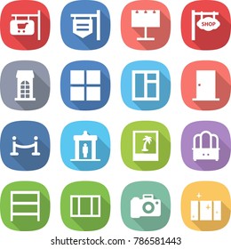 flat vector icon set - shop signboard vector, billboard, building, window, door, vip fence, detector, photo, dresser, rack, camera, clean