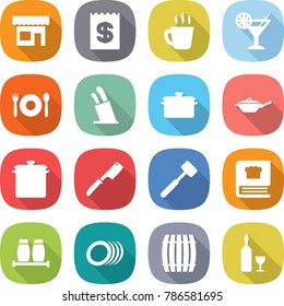 flat vector icon set - shop vector, receipt, hot drink, cocktail, cafe, stands for knives, pan, chef knife, meat hammer, cooking book, salt pepper, plates, barrel, wine