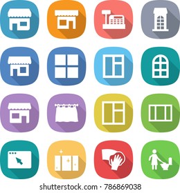 flat vector icon set - shop vector, cashbox, building, window, arch, curtain, browser, clean, wiping, toilet cleaning