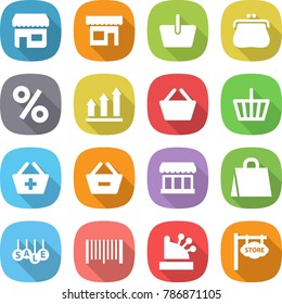 flat vector icon set - shop vector, basket, purse, percent, graph up, add to, remove from, market, shopping bag, sale, bar code, cashbox, store signboard