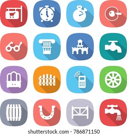 flat vector icon set - shop signboard vector, alarm clock, stopwatch, cell corection, pacemaker, column, fort, water tap, dresser, fence, mobile phone, wheel, barrel, horseshoe, farm