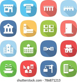 flat vector icon set - shop vector, column, bridge, library, church, panel house, door, building, university, school, japanese, fountain, architector, loading, hotel
