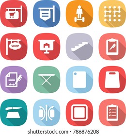 flat vector icon set - shop signboard vector, hoverboard, chip, presentation, stairs, clipboard pen, inventory, iron board, cutting, magnetic field, list