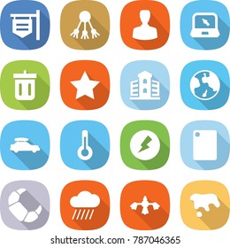 flat vector icon set - shop signboard vector, share, man, notebook, bin, star, building, earth, car baggage, thermometer, electricity, cutting board, croissant, rain cloud, hard reach place cleaning