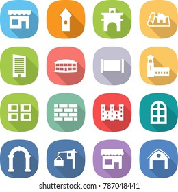 flat vector icon set - shop vector, tower, arch, project, skyscraper, airport building, fence, church, panel house, brick wall, palace, window, loading, barn