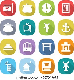 flat vector icon set - shop signboard vector, purse, clock, abacus, tv, windmill, anchor, service bell, dresser, stool, fireplace, mobile phone, hand mill, cooking book