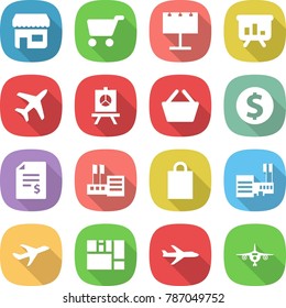 flat vector icon set - shop vector, cart, billboard, presentation, plane, basket, dollar coin, account balance, store, shopping bag, mall, consolidated cargo