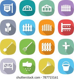 flat vector icon set - shop signboard vector, greenhouse, fence, perishable, watering, shovel, fork, scarecrow, farm, sow, rake, bucket