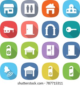flat vector icon set - shop vector, wc, home, mansion, house with garage, door, arch, key, do not distrub, fridge, bell, please clean