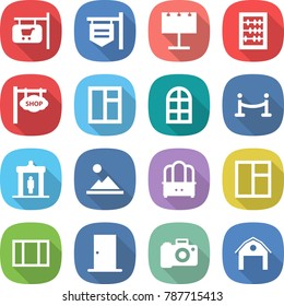 flat vector icon set - shop signboard vector, billboard, abacus, window, arch, vip fence, detector, landscape, dresser, door, camera, barn