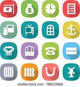 flat vector icon set - shop signboard vector, money bag, clock, abacus, scales weight, tv, arch window, anchor, antique column, dresser, phone, welcome mat, barrel, fence, horseshoe, windmill