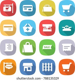 flat vector icon set - shop signboard vector, card, shopping bag, cart, credit, add to basket, market scales, list, sale, atm receipt, store, pallet