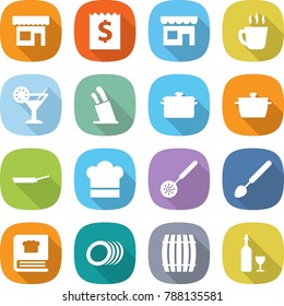 flat vector icon set - shop vector, receipt, hot drink, cocktail, stands for knives, pan, cook hat, skimmer, big spoon, cooking book, plates, barrel, wine