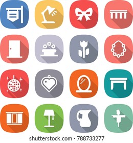 flat vector icon set - shop signboard vector, table lamp, bow, bridge, door, flower bed, perishable, hawaiian wreath, disco ball, heart pendant, mirror, wardrobe, floor, jug, scarecrow