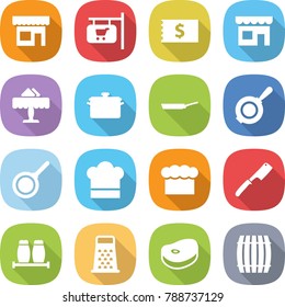 flat vector icon set - shop vector, signboard, receipt, restaurant, pan, cook hat, chief, chef knife, salt pepper, grater, steake, barrel