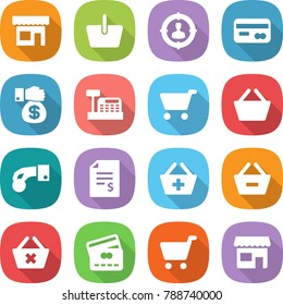 flat vector icon set - shop vector, basket, target audience, card, money gift, cashbox, cart, hand coin, account balance, add to, remove from, delete, credit