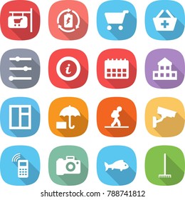 flat vector icon set - shop signboard vector, battery charge, cart, add to basket, equalizer, info, calendar, cottage, window, insurance, tourist, surveillance camera, mobile phone, fish, rake