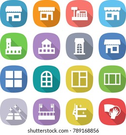 flat vector icon set - shop vector, cashbox, mansion, cottage, building, window, arch, clean floor, skysrcapers cleaning, skyscrapers, wiping